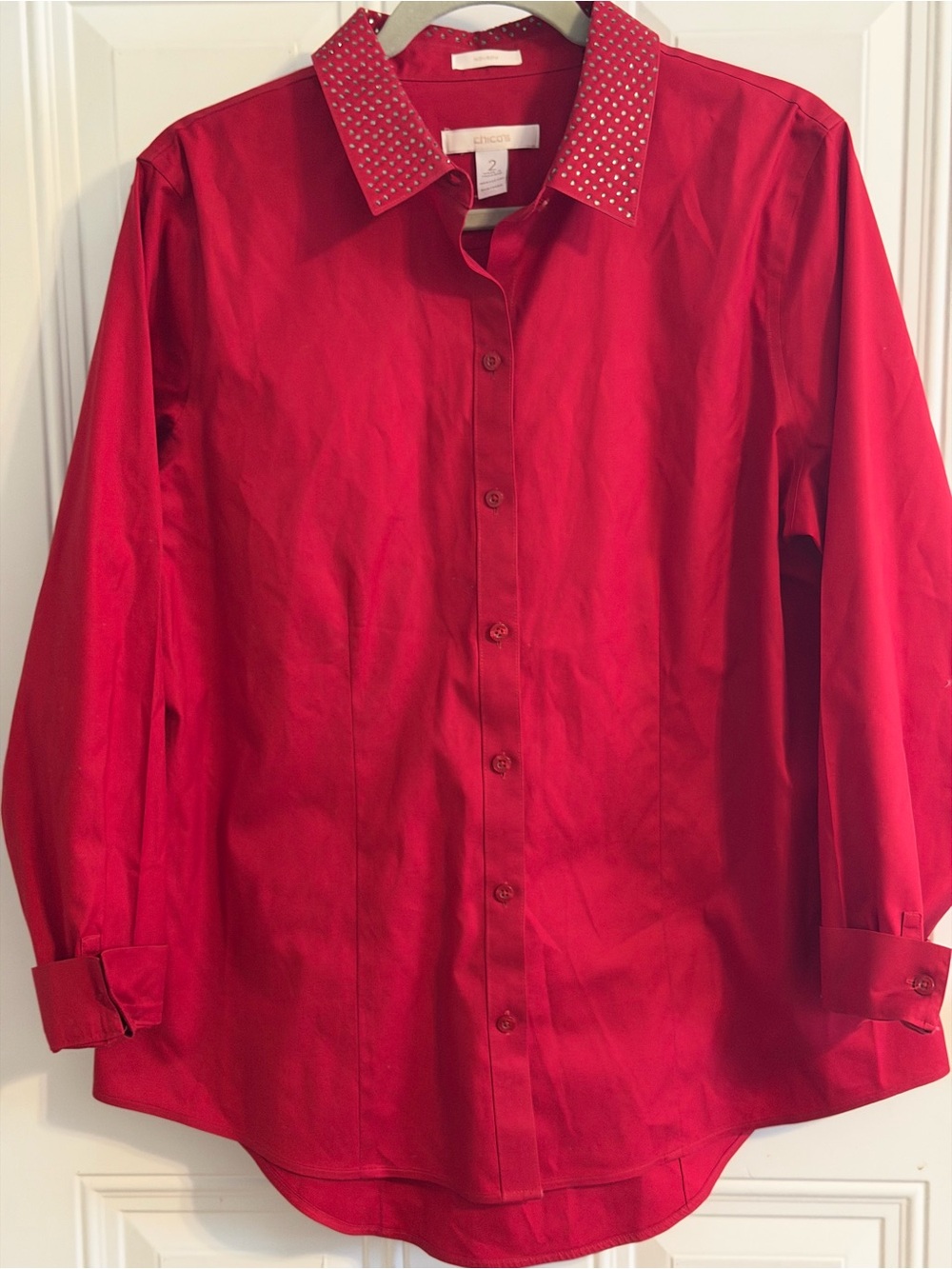 chico's No-Iron Studded Collar Shirt Button Down Red Size 2